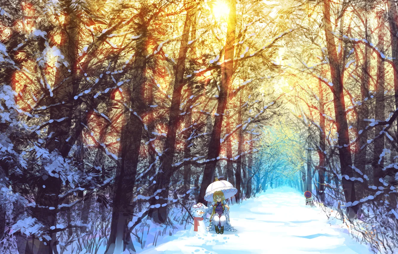 Photo wallpaper winter, forest, snow, trees, nature, smile, sign, umbrella