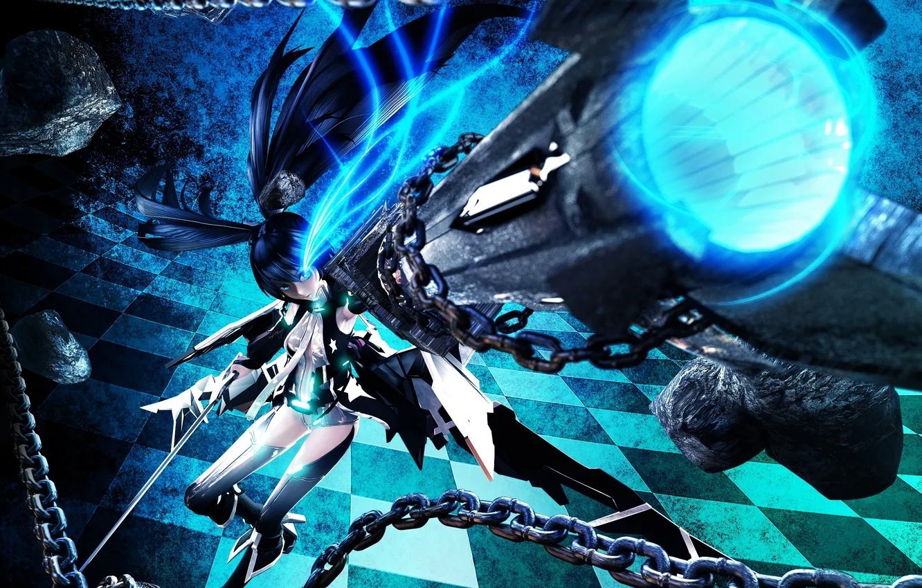 Photo wallpaper girl, weapons, anime, art, chain, gun, black rock shooter, insane black rock shooter