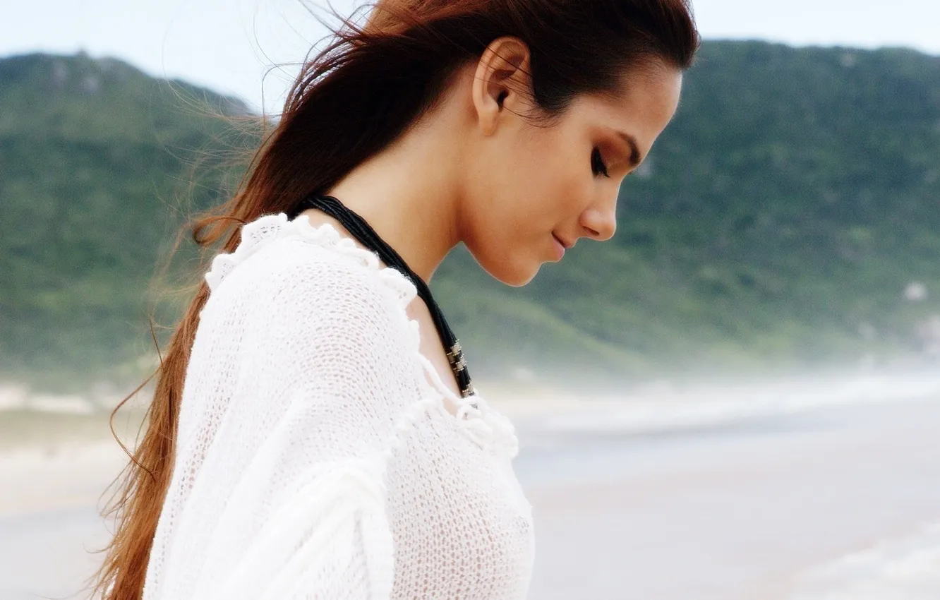 Photo wallpaper beach, girl, nature, mood, the wind