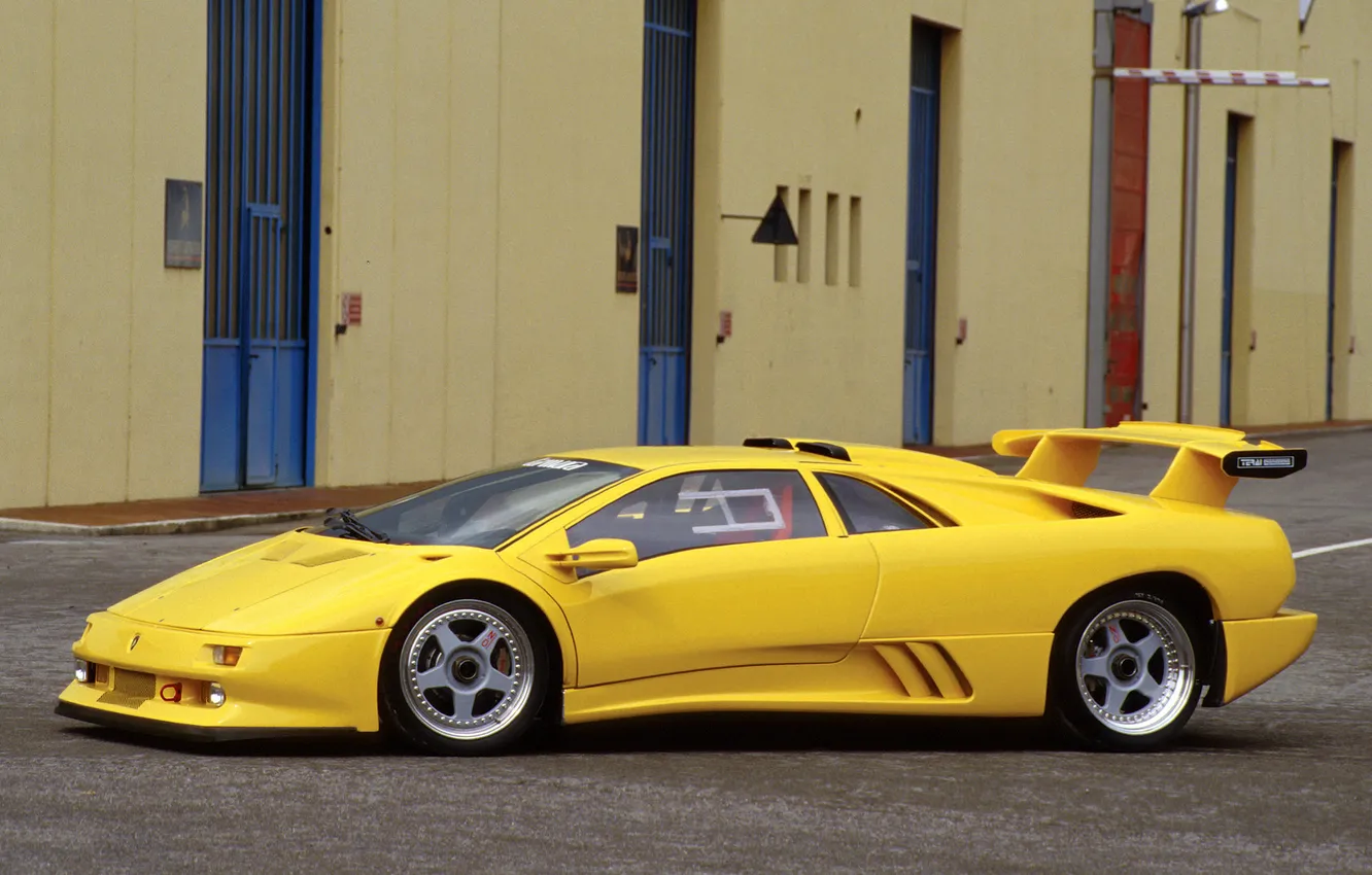 Photo wallpaper yellow, tuning, building, Lamborghini, spoiler, diablo, Lamborghini
