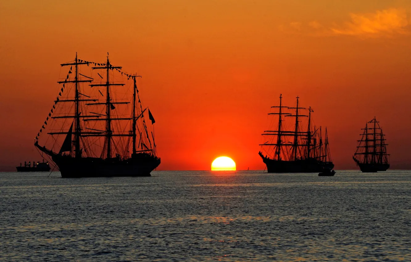 Photo wallpaper sea, the sun, sunset, ship, sailboat, glow