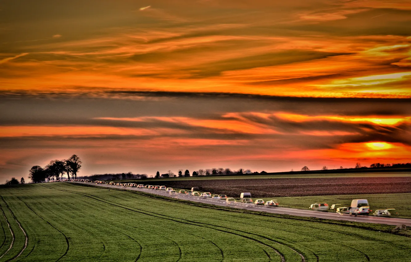Photo wallpaper road, machine, the sky, sunset