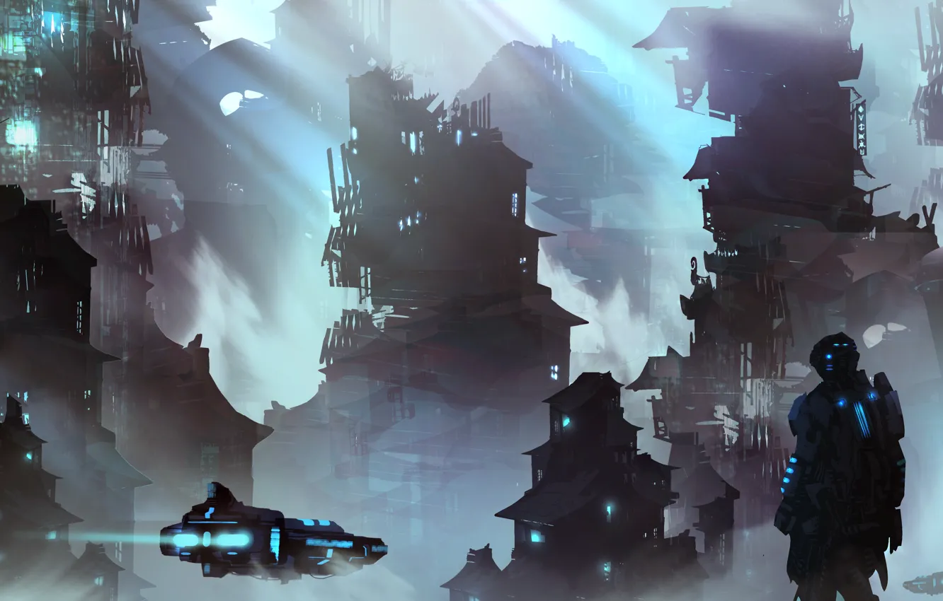 Photo wallpaper landscape, the city, style, fiction, figure, art, soldiers, landscapes