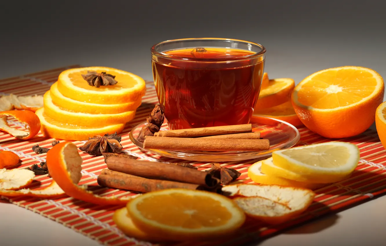 Photo wallpaper tea, oranges, Cup, cinnamon