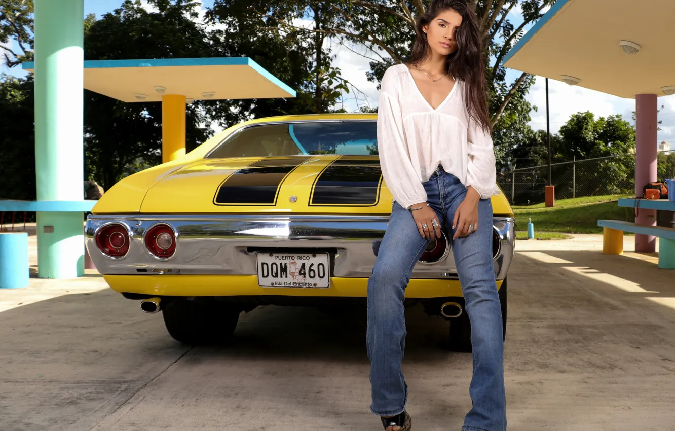 Photo wallpaper machine, model, jeans, car, Chevrolet Nova, Chevrolet Chevy II