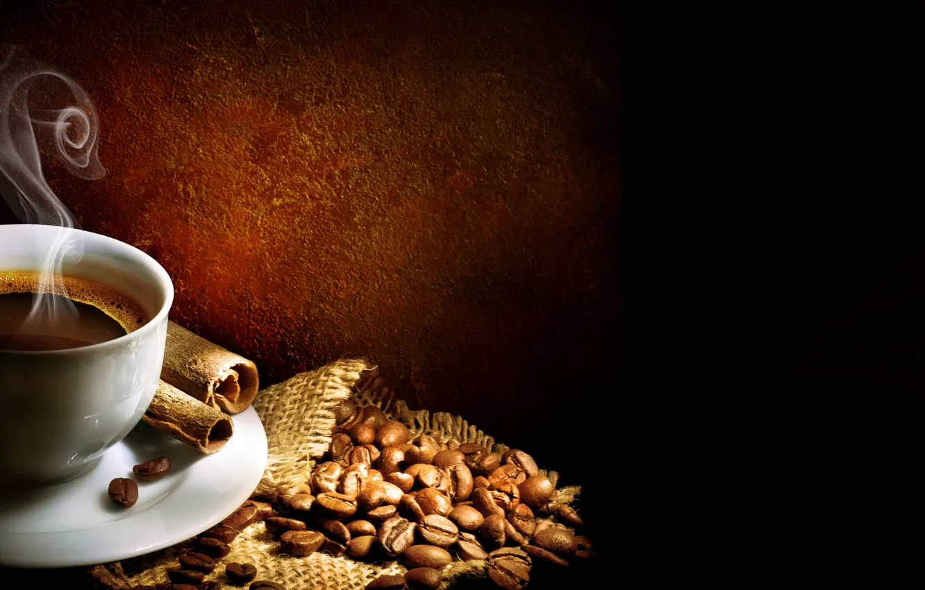 Photo wallpaper foam, coffee, grain, sticks, pair, Cup, cinnamon, saucer