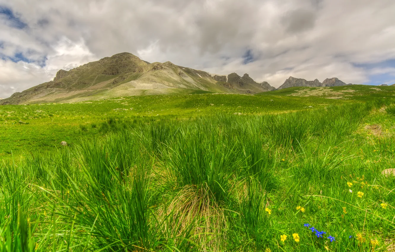 Photo wallpaper greens, grass, clouds, mountains, France, valley, Jausiers