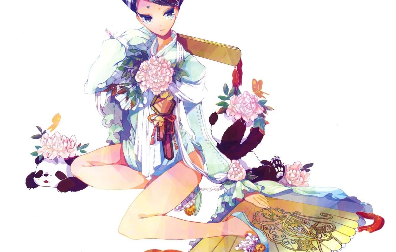 Photo wallpaper two, fan, kimono, Geisha, sitting, Panda