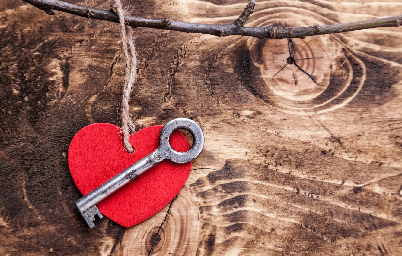 Photo wallpaper love, romance, heart, key, red, love, heart, wood