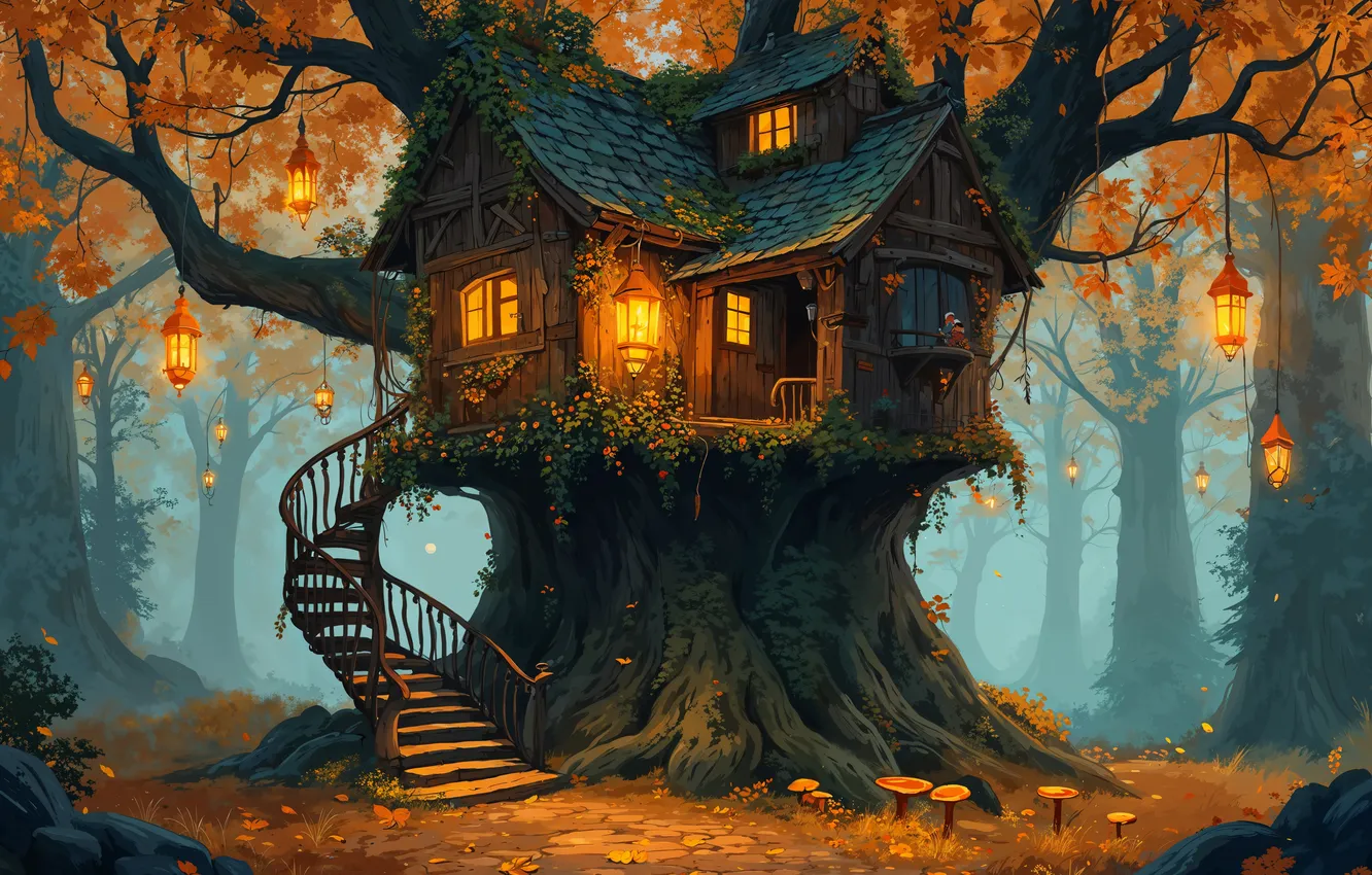 Photo wallpaper autumn, forest, branches, fog, glade, foliage, tale, window