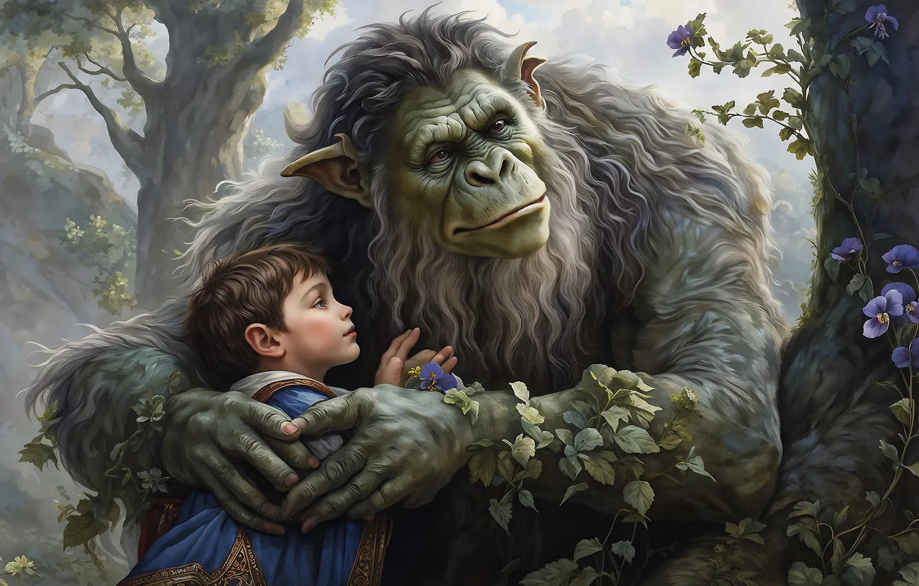 Photo wallpaper forest, face, leaves, trees, monster, boy, paws, fantasy