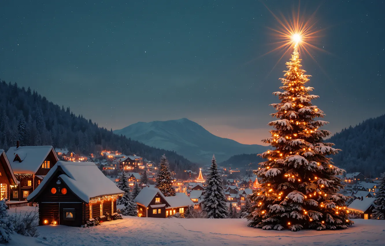 Photo wallpaper forest, the sky, light, mountains, night, lights, comfort, lights