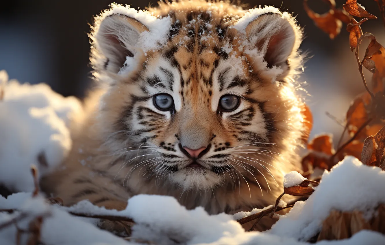 Photo wallpaper winter, look, leaves, light, snow, branches, nature, tiger