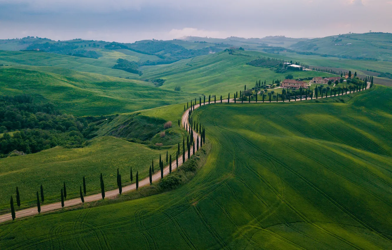 Photo wallpaper road, greens, field, summer, hills, the slopes, field, Italy