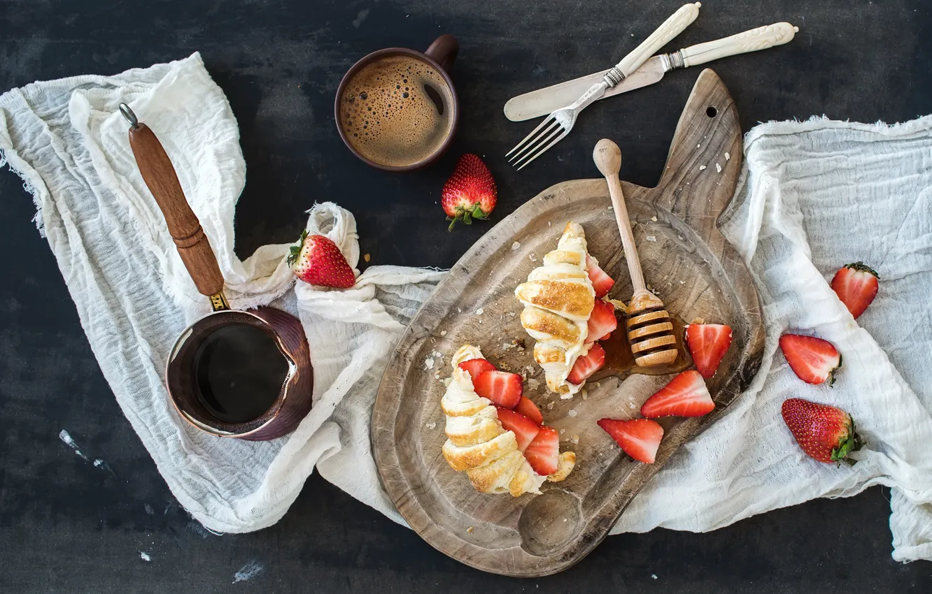 Photo wallpaper berries, coffee, Breakfast, strawberry, Cup, strawberry, coffee, breakfast