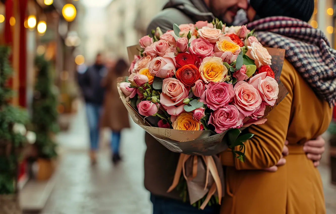 Photo wallpaper love, flowers, lights, street, romance, heart, roses, bouquet
