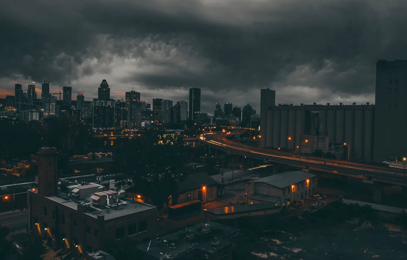 Photo wallpaper roof, night, clouds, lights, the darkness, Canada, Montreal