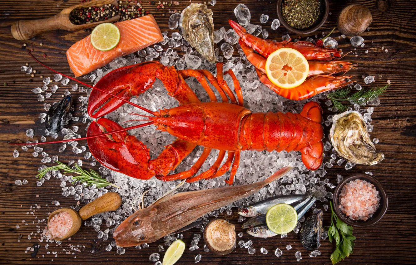 Photo wallpaper red, lemon, fish, Omar, the view from the top, shrimp, seafood, spices