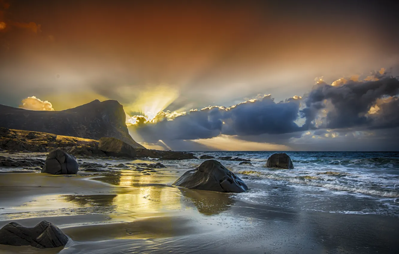 Photo wallpaper sea, the sky, rays, sunset, clouds, stones, rocks, tide