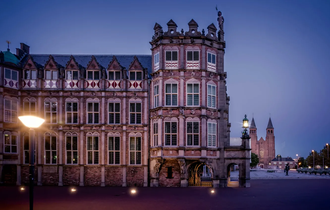 Photo wallpaper lights, the evening, area, lights, fountain, Netherlands, architecture, Palace