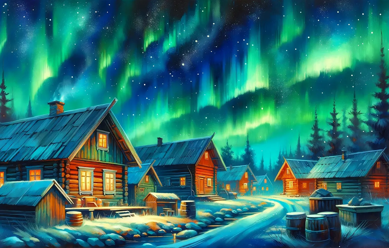 Photo wallpaper holiday, new year, home, Northern lights, village, Christmas, house, hut