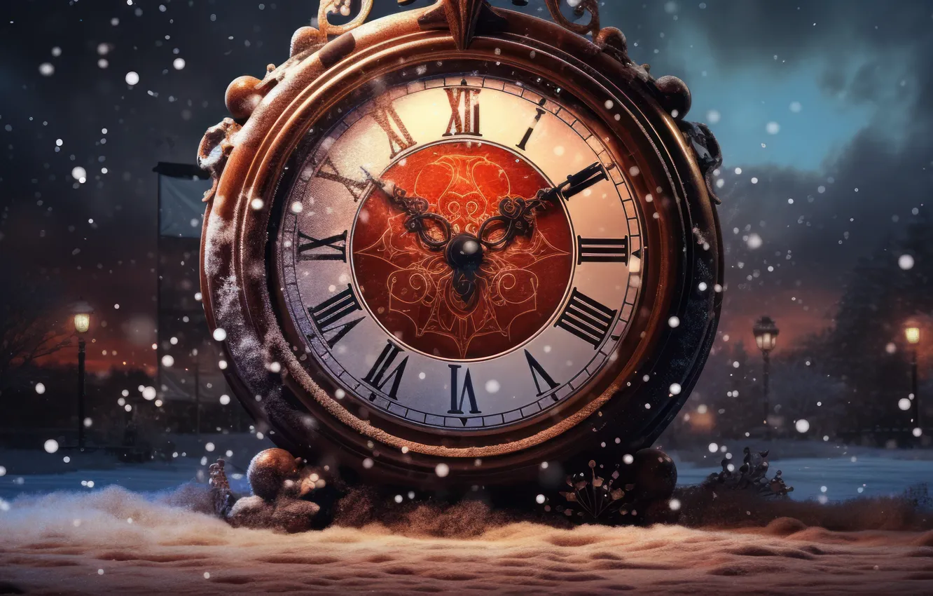 Photo wallpaper winter, snow, night, time, watch, new year, Christmas, panorama