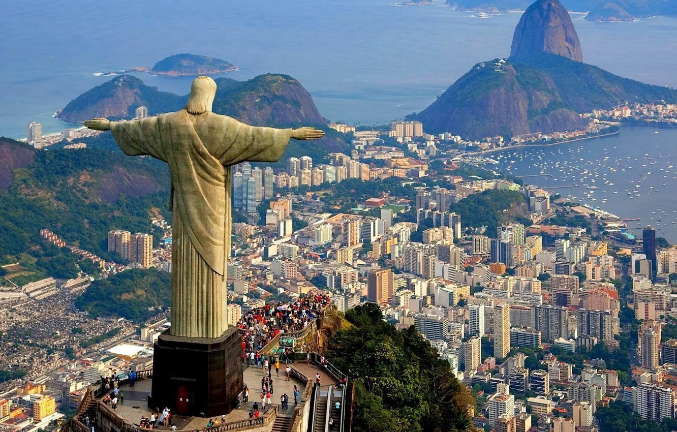 Photo wallpaper sea, mountain, home, Bay, statue, Brazil, Rio de Janeiro, Christ