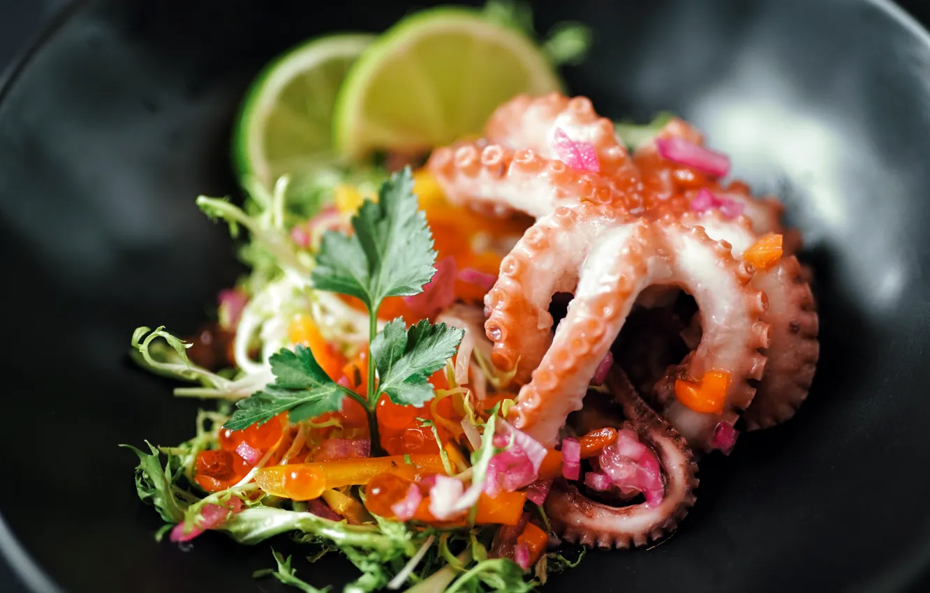 Photo wallpaper greens, octopus, lime, caviar, salad