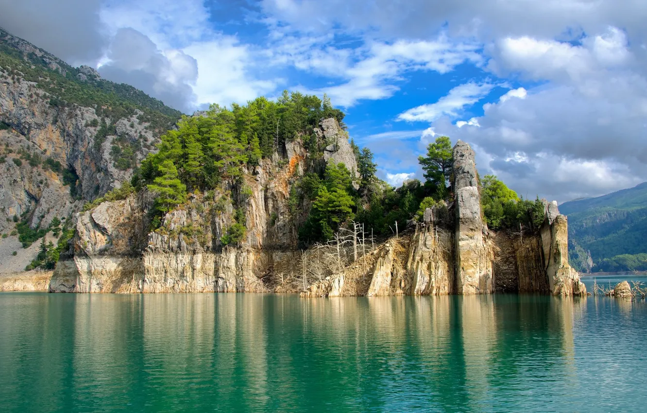 Photo wallpaper mountains, lake, rocks