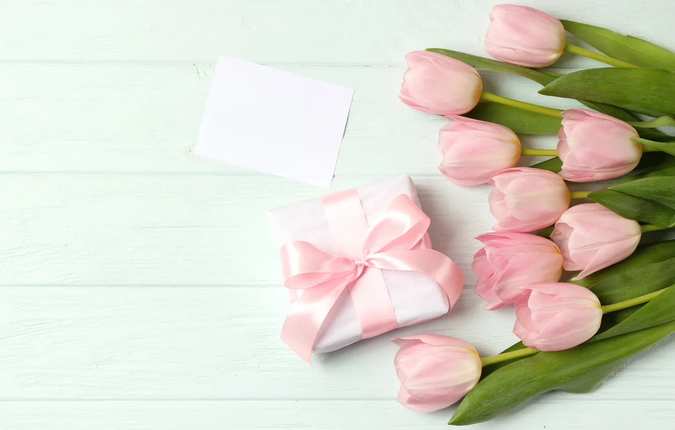 Photo wallpaper flowers, gift, bouquet, tulips, pink, wood, pink, flowers