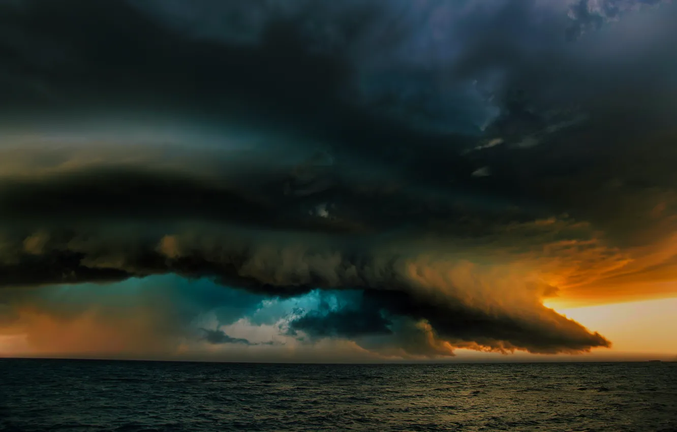 Photo wallpaper sea, the storm, the sky, water, sunset, clouds, storm, nature