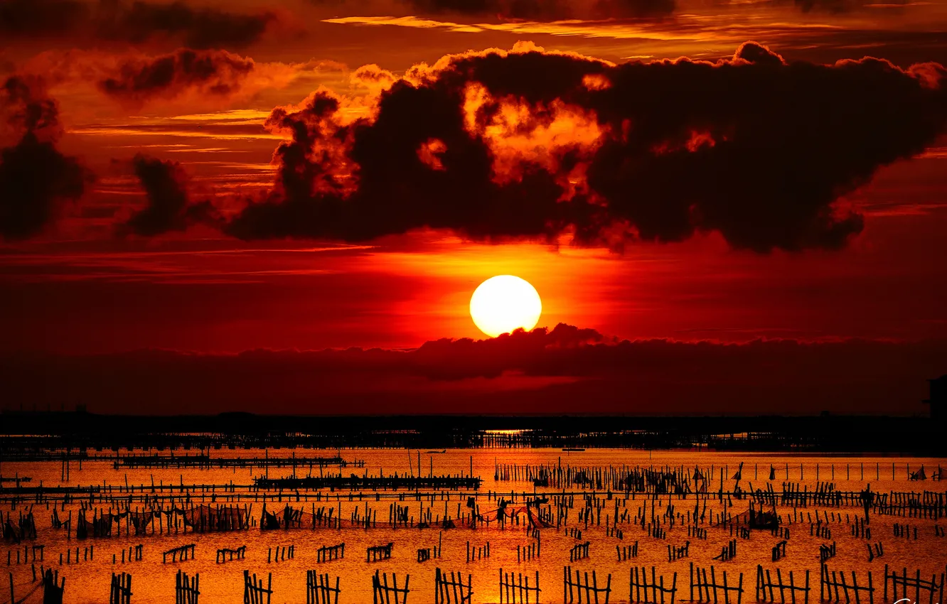 Photo wallpaper sea, the sun, sunset, clouds, mesh, the fence, columns, contrast