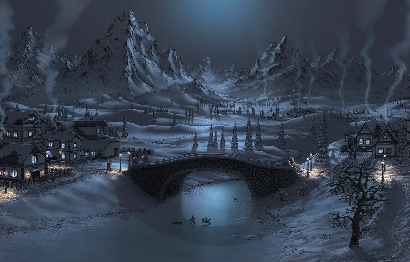 Photo wallpaper ice, winter, snow, mountains, bridge, children, river, home