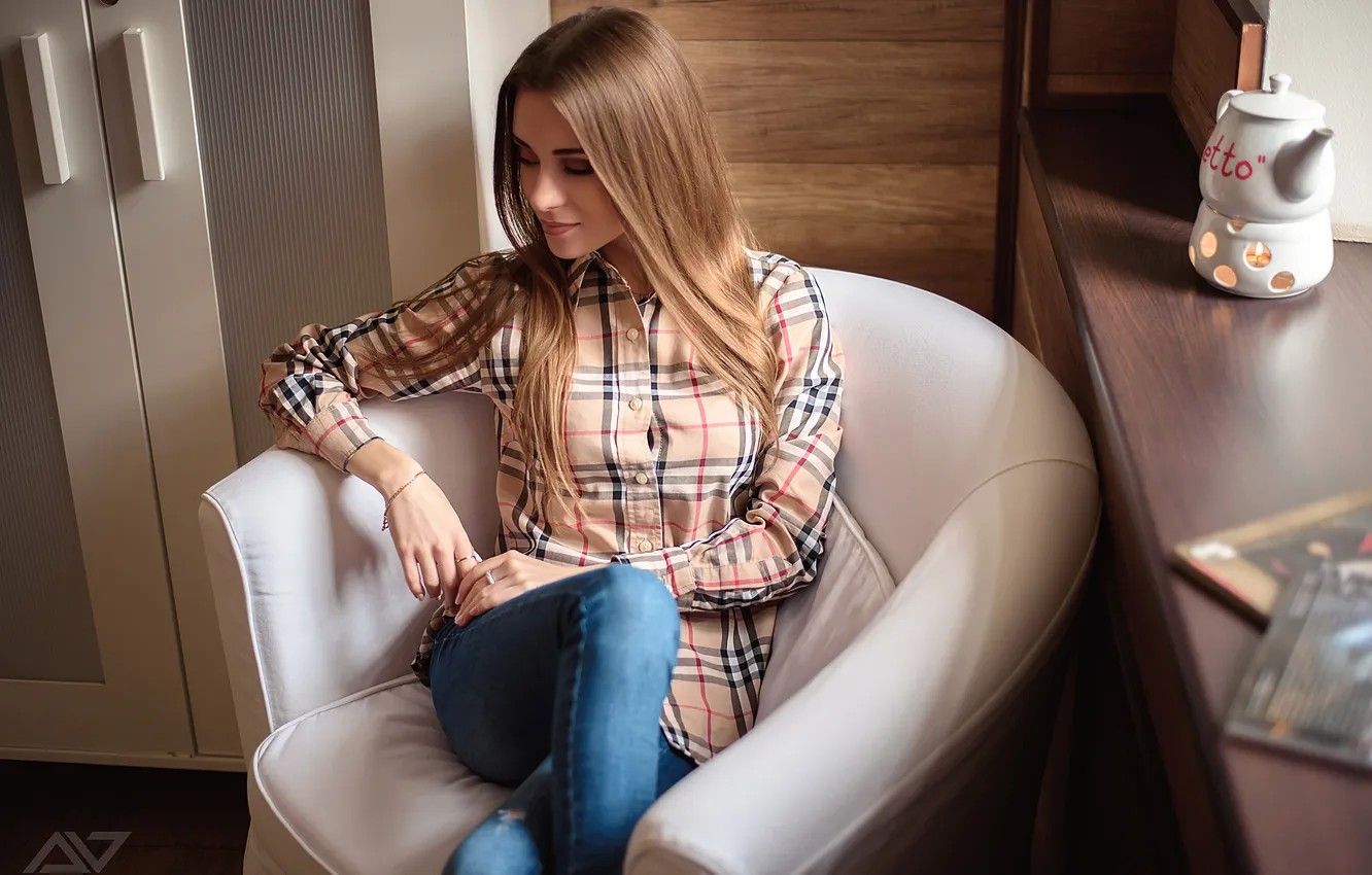 Photo wallpaper model, jeans, chair, Alexander Yushkevich