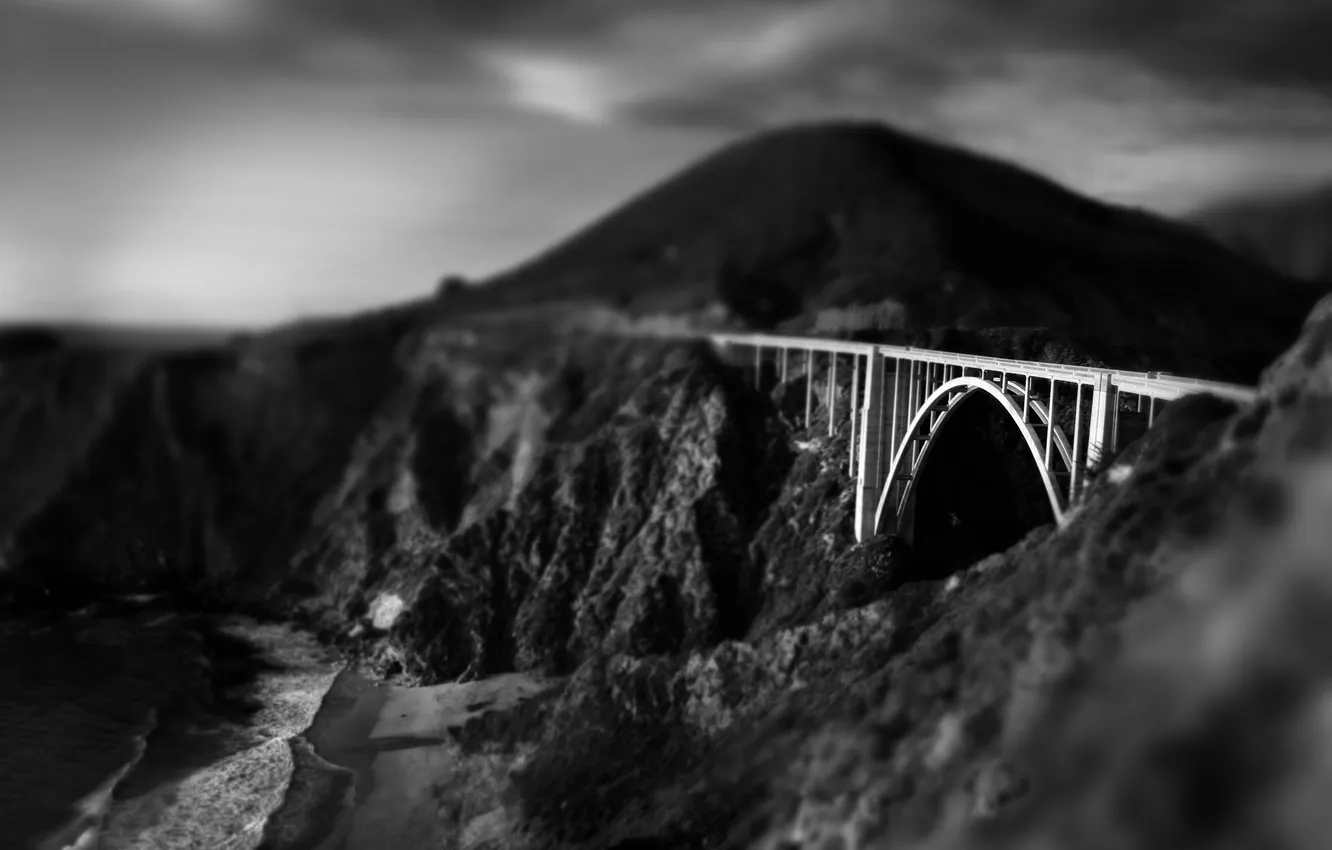 Photo wallpaper mountains, bridge, photo, treatment, art, black and white, image