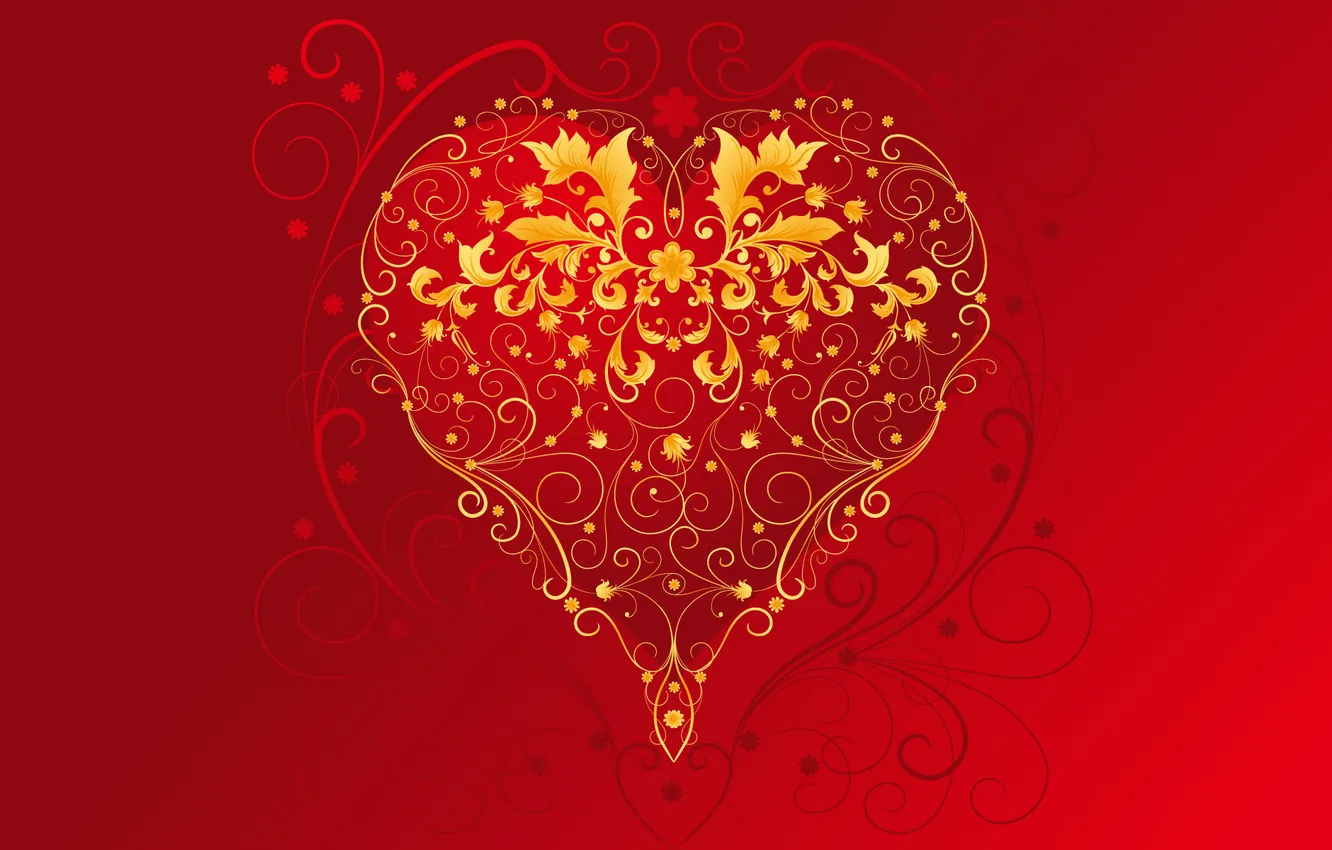 Photo wallpaper red, heart, gold, Valentine's day, 14 Feb, the holiday of all lovers, St. Valentine, heart …