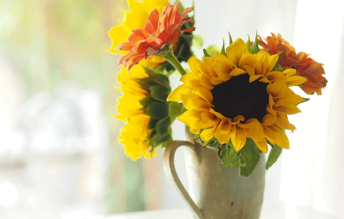 Photo wallpaper sunflowers, flowers, bouquet, vase, flowers, vase, bouquet, sunflowers