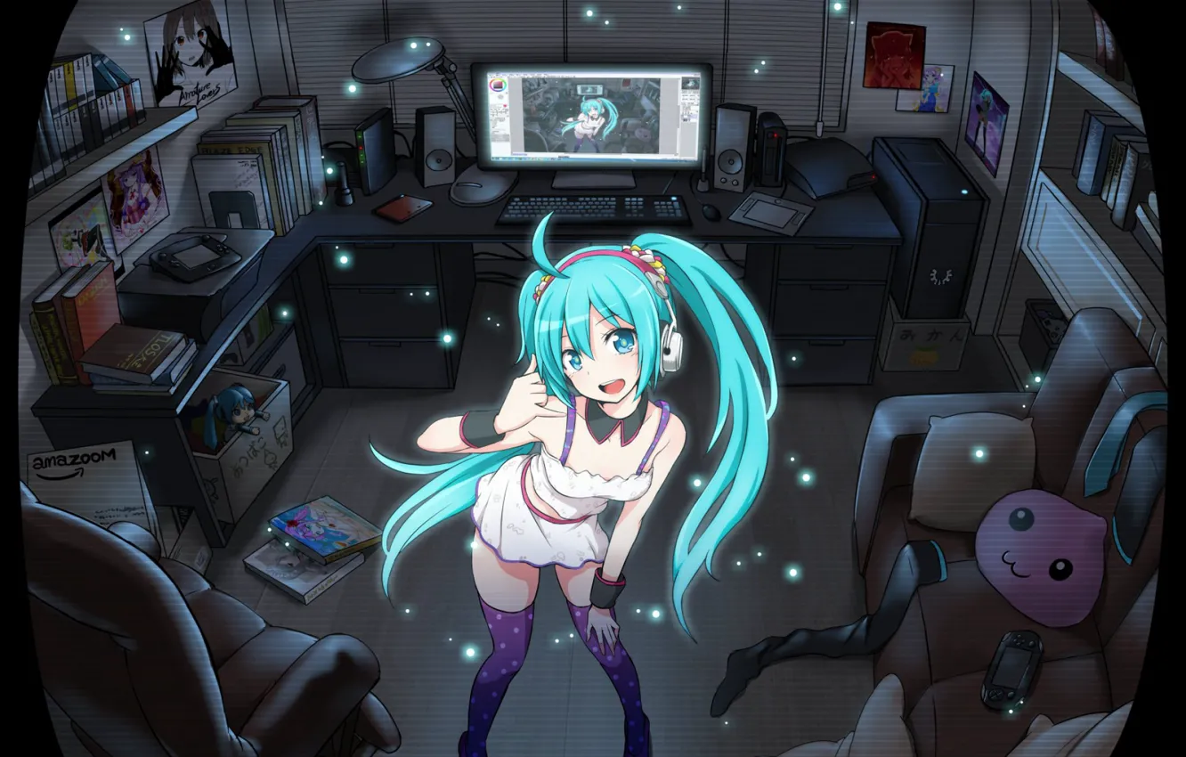 Photo wallpaper nintendo, game, headphones, miku, hatsune, doll, console, Computer