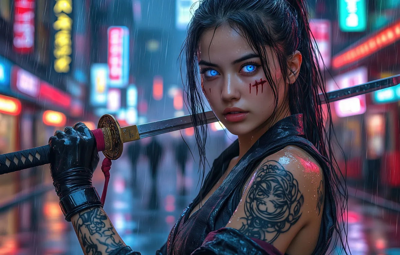 Photo wallpaper katana, samurai, cyberpunk