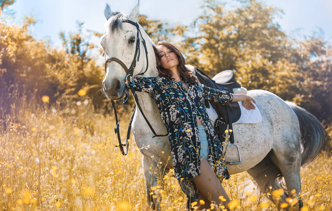 Photo wallpaper summer, girl, flowers, nature, horse, horse, shorts, brunette