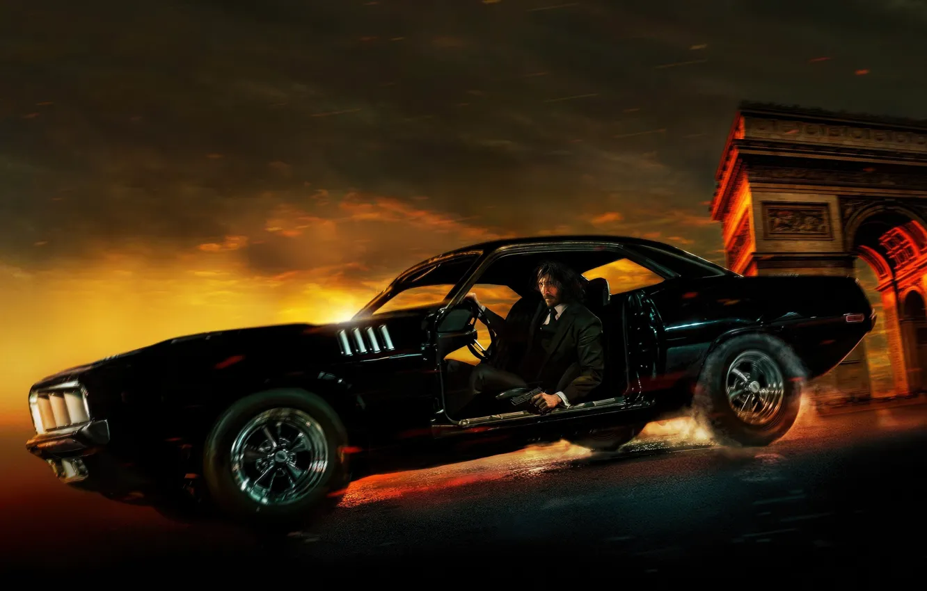 Photo wallpaper auto, poster, Keanu Reeves, Keanu Reeves, Plymouth cuda, Plymouth Barracuda, John Wick: Chapter 4, John …