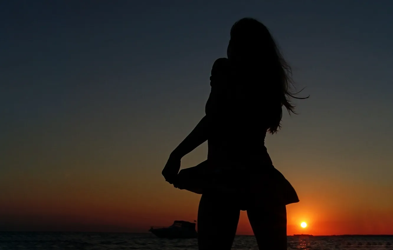 Photo wallpaper girl, sexy, beach, long hair, sea, nature, sunset, beautiful