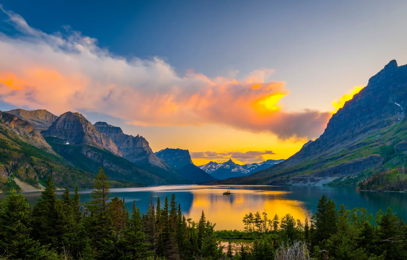 Photo wallpaper clouds, landscape, mountains, nature, lake, National Park, Glacier, Glacier