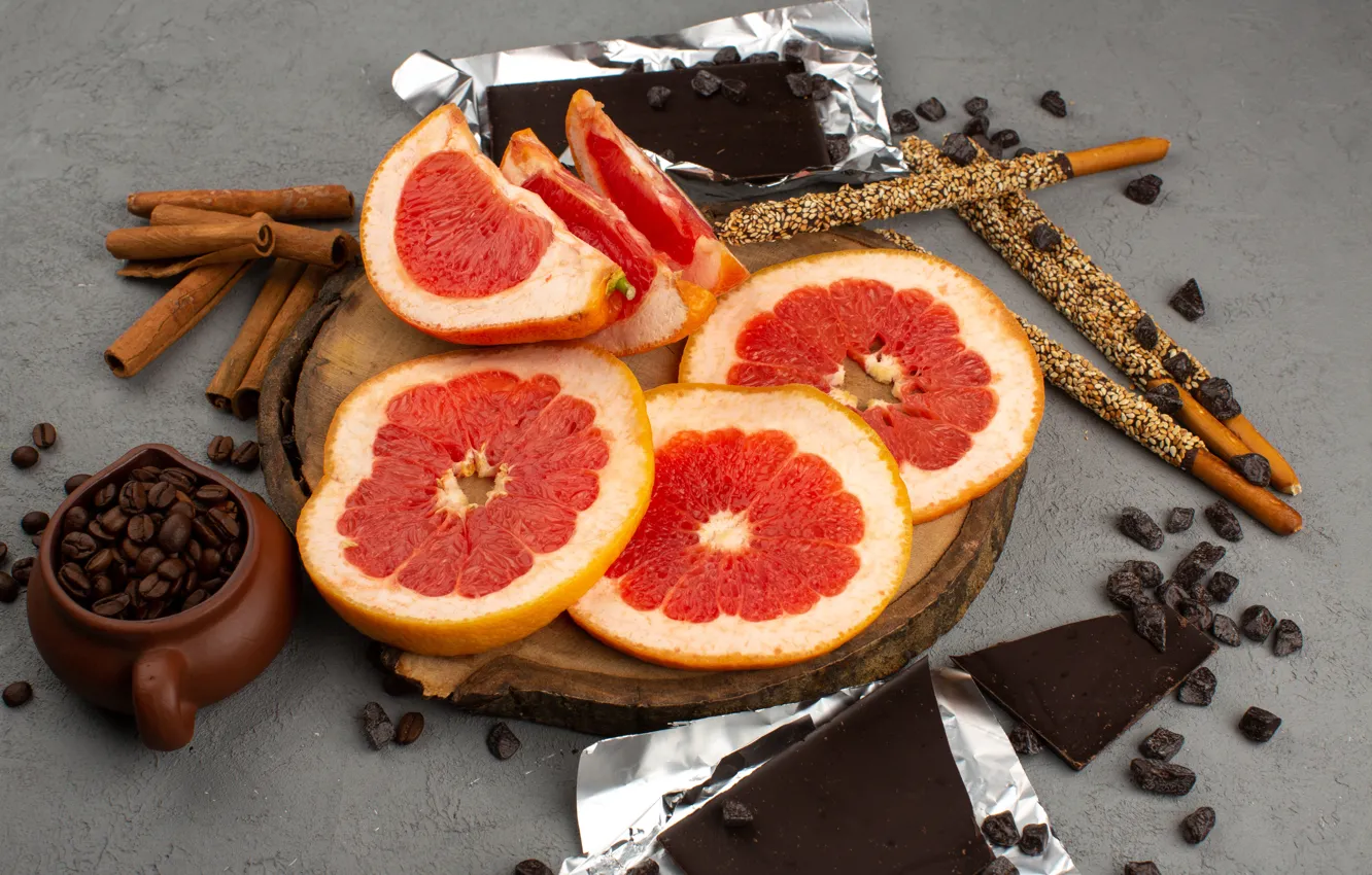 Photo wallpaper coffee, chocolate, grapefruit, slices
