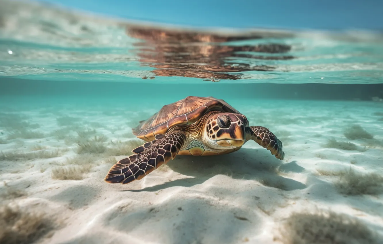 Photo wallpaper sea, the ocean, turtle, underwater world, sea turtle, AI art, neural network