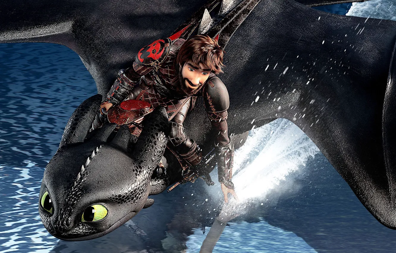 Photo wallpaper water, squirt, black, dragon, cartoon, Hiccup, Toothless, How to Train Your Dragon: The Hidden World