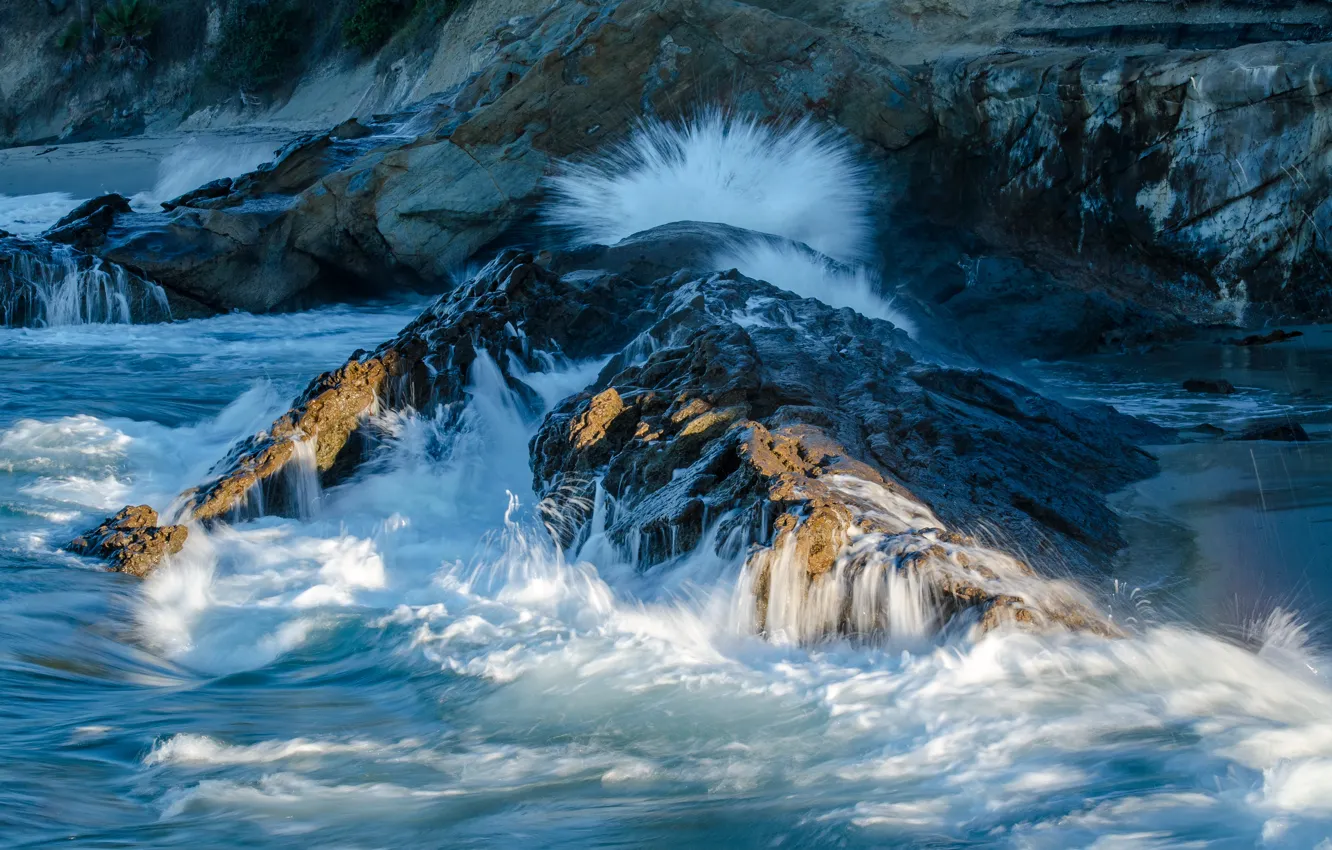 Photo wallpaper sea, foam, squirt, stones, rocks, shore, CA, surf