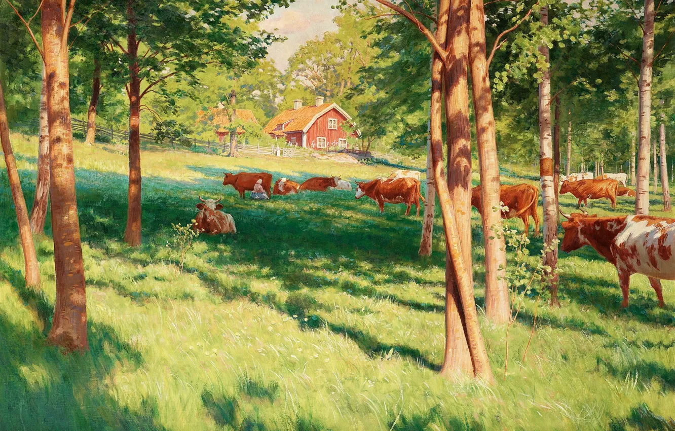 Photo wallpaper forest, summer, trees, landscape, house, picture, fence, cows