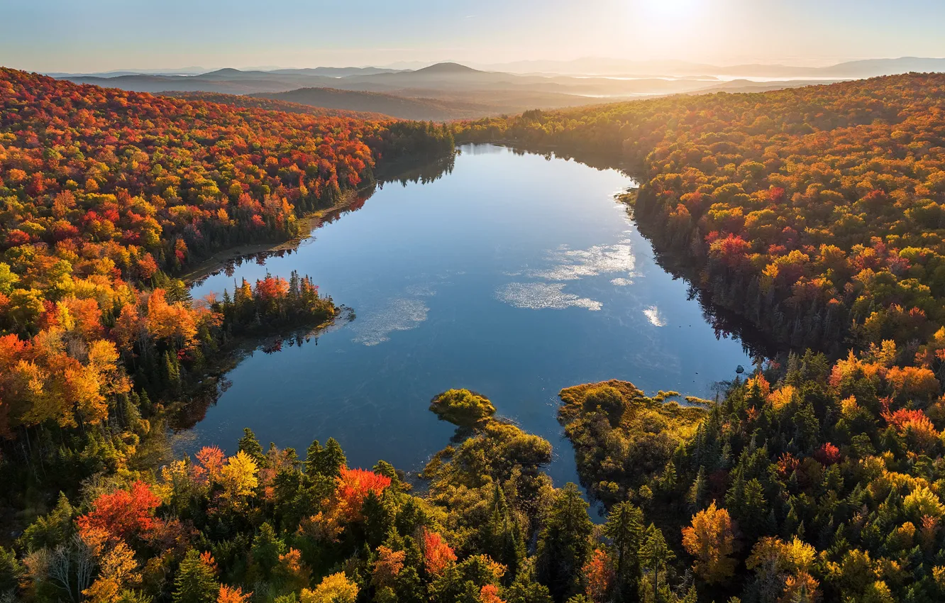 Photo wallpaper autumn, forest, the sun, lake, shore, view, morning, the