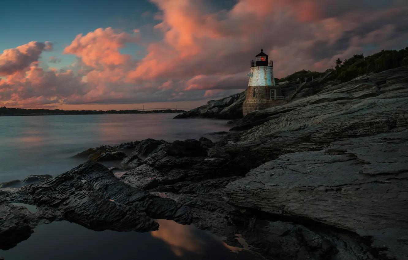 Photo wallpaper sea, the sky, clouds, stones, rocks, shore, lighthouse, twilight